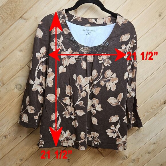 Floral Brown 3/4 Sleeve Croft & Barrow Petite Stretch Top L 96% Cotton 4% Spande - Picture 6 of 6